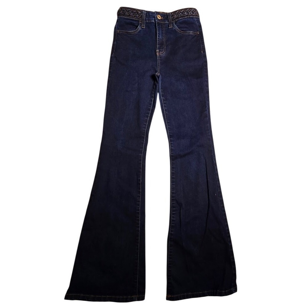 BCBGeneration Womens High Rise Curvy Flare Jeans Dark Indigo Braided Waist 5/27